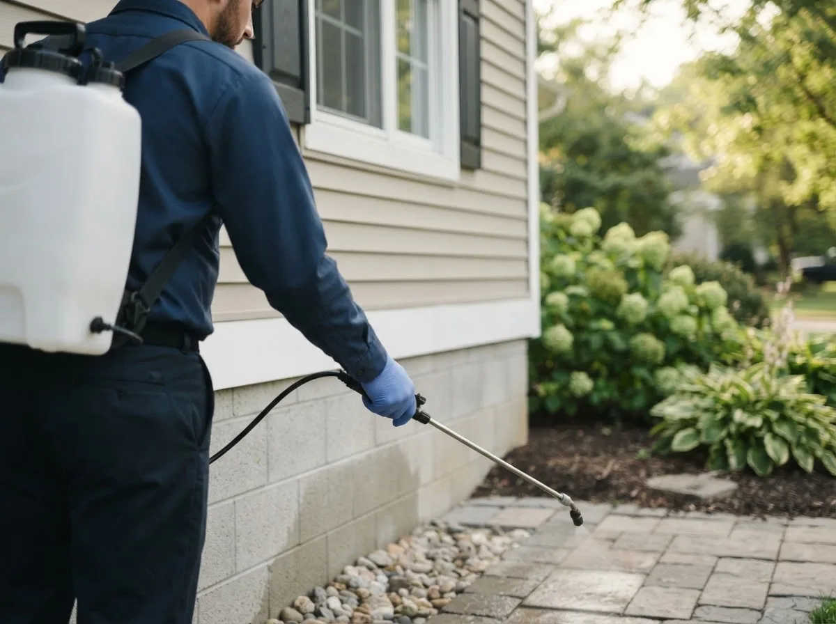 Pest control technician inspecting a home in Saint Clairsville, OH